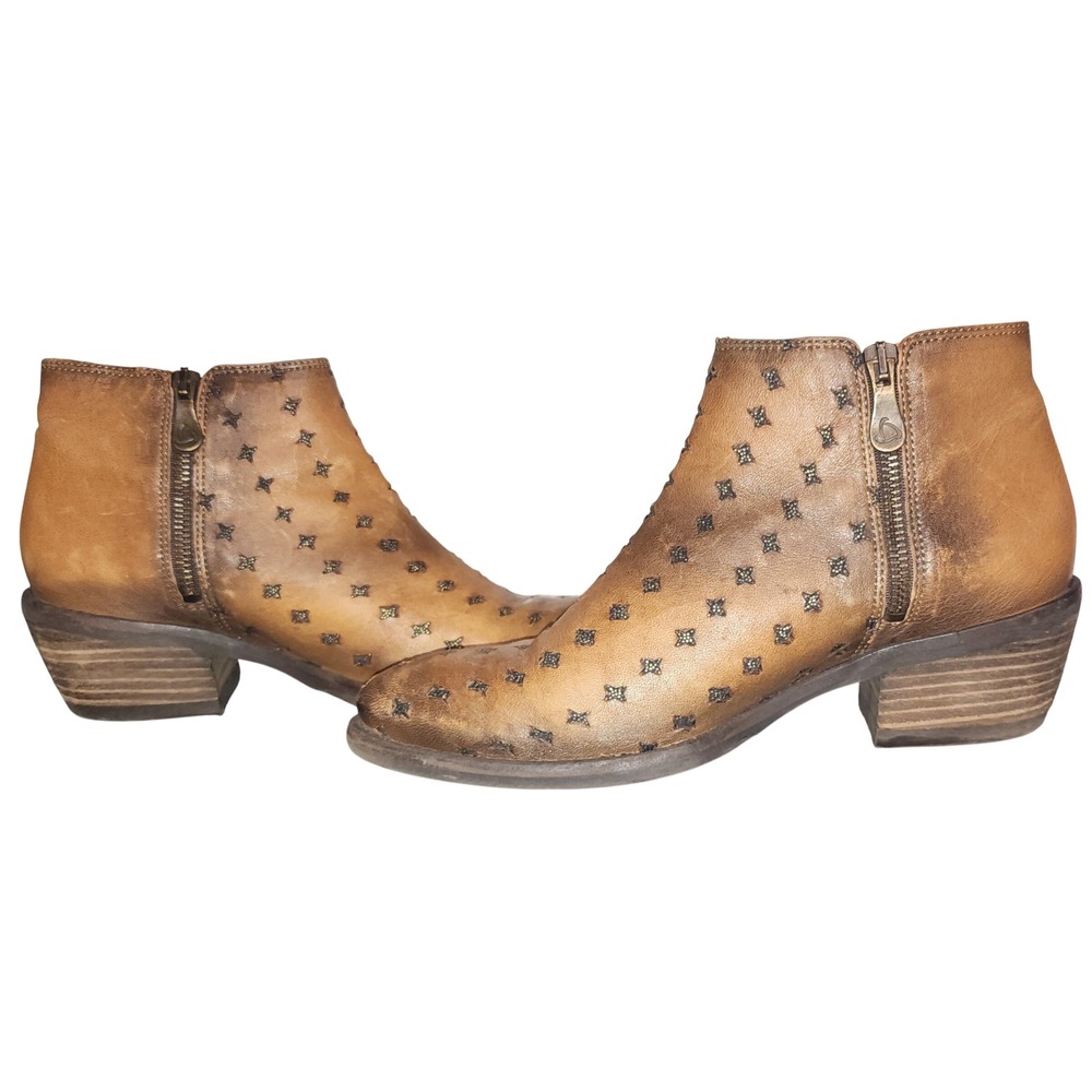 Kanna Ankle Boots Western Studded Leather Brown Side Zip Booties Size 38